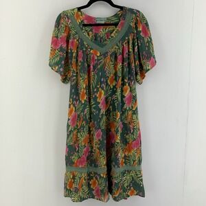 Vintage Sara Morgan Midi Gauzy Dress Mumu Colorful Floral Crochet Pockets Medium